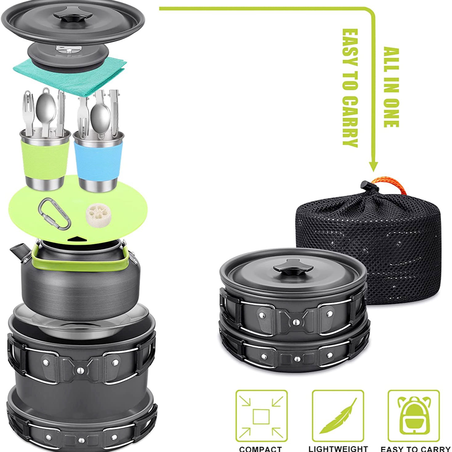Camping Cooking Set With Kettle - Zestaw do gotowania na kempingu z