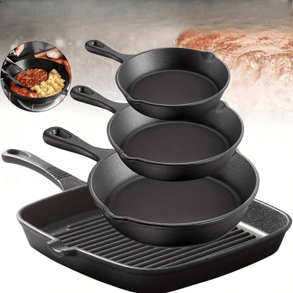 Skillet Cast Iron Camp - 4-częściowy zestaw naczyń żeliwnych, okrągłe patelnie