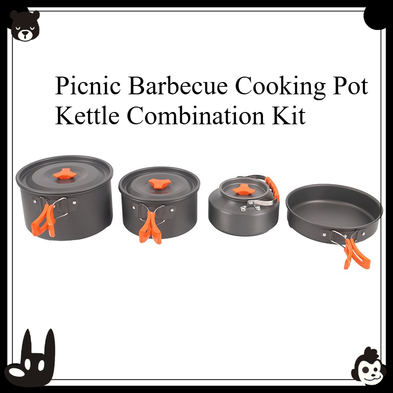 Camping Cooking Set With Kettle - Przenośny Zestaw Naczyń Kempingowych 4-częściowy do