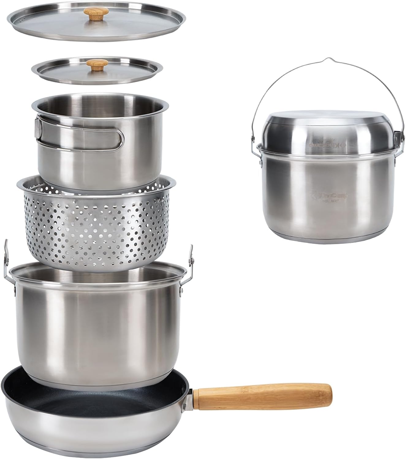 Camping Cooking Set With Kettle - Zestaw naczyń kempingowych ze stali nierdzewnej