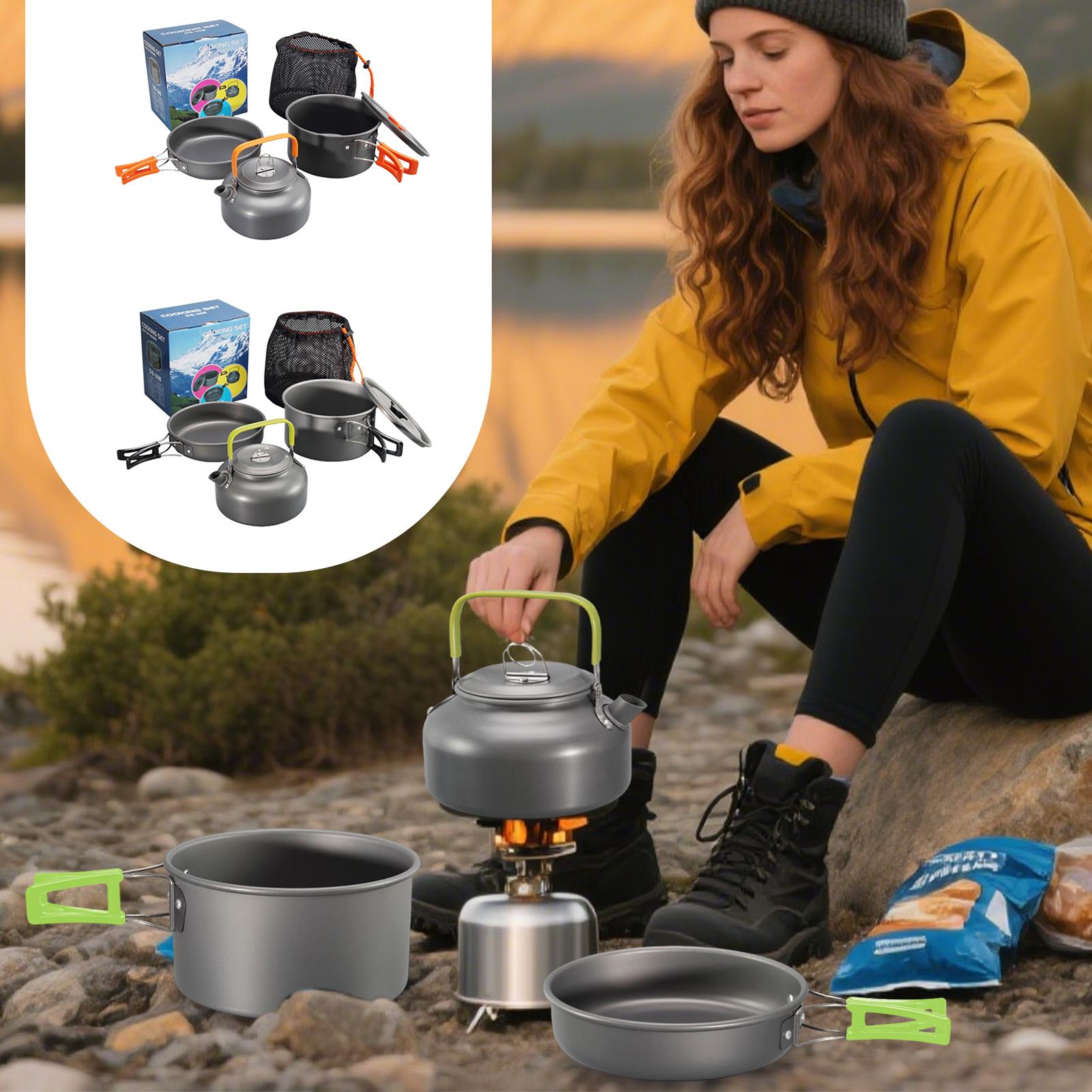 Camping Cooking Set With Kettle - Zestaw naczyń kempingowych, garnek turystyczny, nieprzywierający,